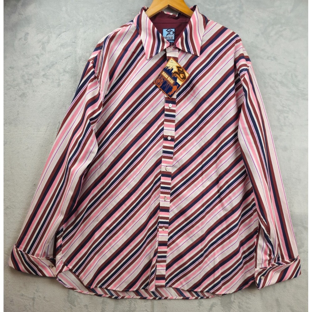 Raw Blue Nu Realms Men Shirt 3XL Maroon Pink Multicolor Slant Striped Cuffed NWT